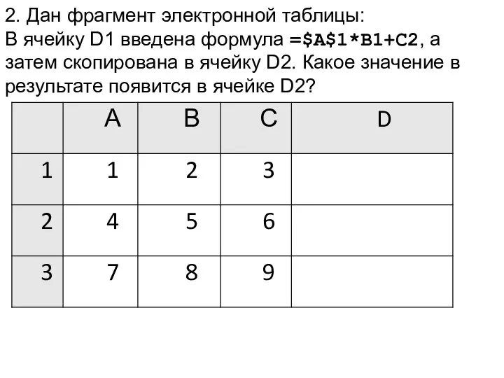 2. Дан фрагмент электронной таблицы: В ячейку D1 введена формула =$А$1*В1+С2, а