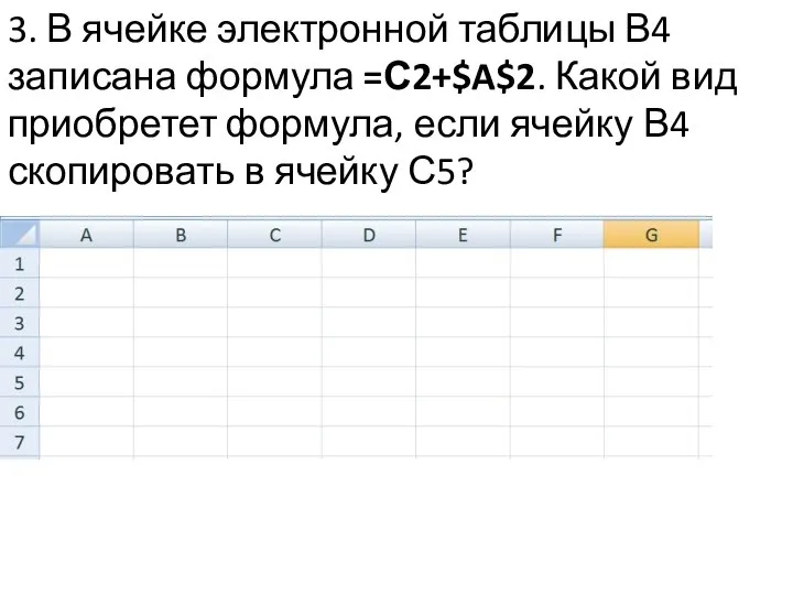 3. В ячейке электронной таблицы В4 записана формула =С2+$A$2. Какой вид приобретет