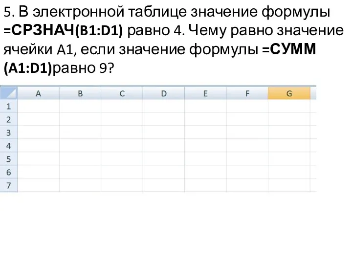 5. В электронной таблице значение формулы =СРЗНАЧ(B1:D1) равно 4. Чему равно значение