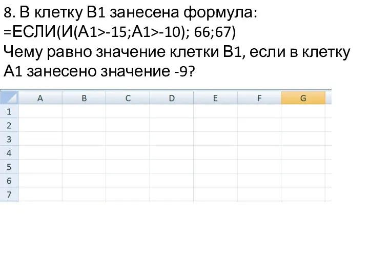 8. В клетку В1 занесена формула: =ЕСЛИ(И(А1>-15;А1>-10); 66;67) Чему равно значение клетки