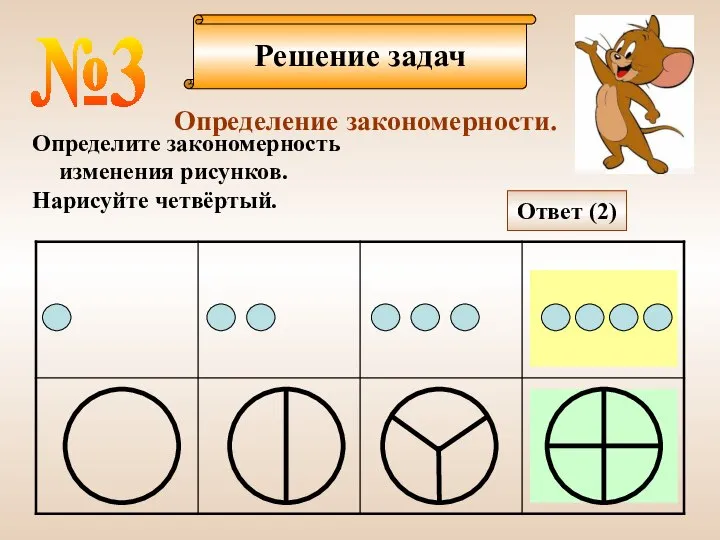 Решение задач №3 Определение закономерности. Определите закономерность изменения рисунков. Нарисуйте четвёртый. Ответ (2)