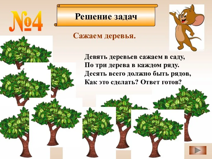 Решение задач №4 Сажаем деревья. Девять деревьев сажаем в саду, По три