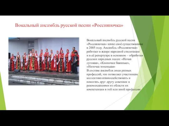 Вокальный ансамбль русской песни «Россияночка» Вокальный ансамбль русской песни «Россияночка» начал своё