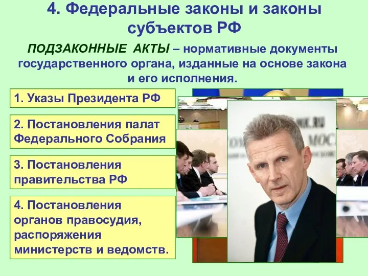 4. Федеральные законы и законы субъектов РФ ПОДЗАКОННЫЕ АКТЫ – нормативные документы