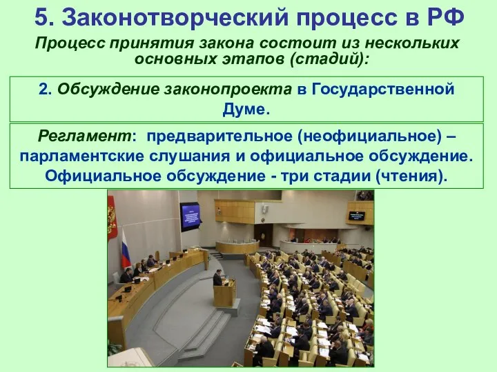 5. Законотворческий процесс в РФ Процесс принятия закона состоит из нескольких основных
