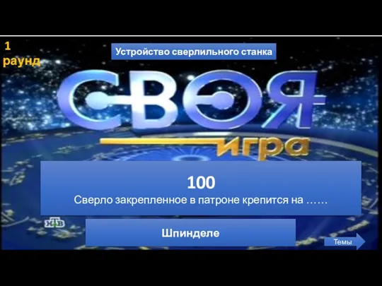 1 раунд Устройство сверлильного станка Темы 100 Сверло закрепленное в патроне крепится на …… Шпинделе