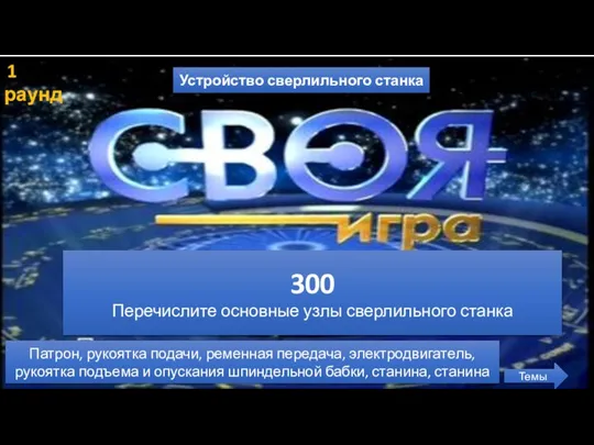 1 раунд Устройство сверлильного станка Темы 300 Перечислите основные узлы сверлильного станка