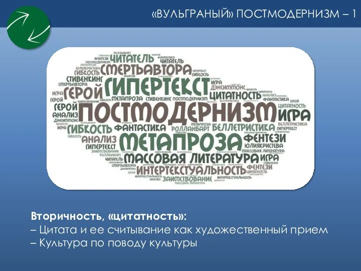 «ВУЛЬГРАНЫЙ» ПОСТМОДЕРНИЗМ – 1 Вторичность, «цитатность»: – Цитата и ее считывание как