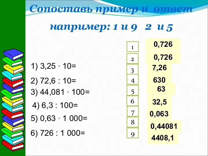 Сопоставь пример и ответ например: 1 и 9 2 и 5 1)