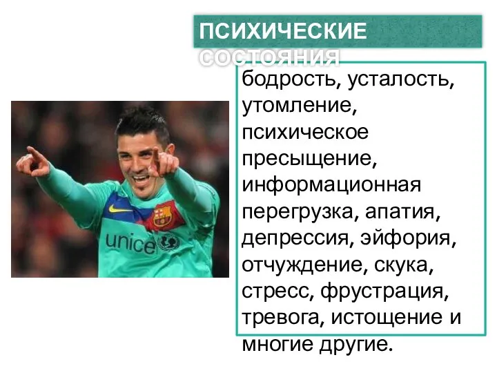 бодрость, усталость, утомление, психическое пресыщение, информационная перегрузка, апатия, депрессия, эйфория, отчуждение, скука,