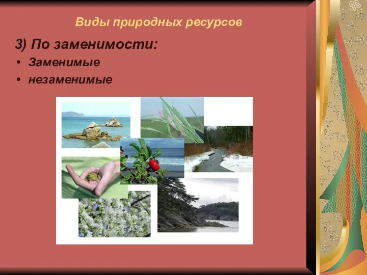 Виды природных ресурсов 3) По заменимости: Заменимые незаменимые