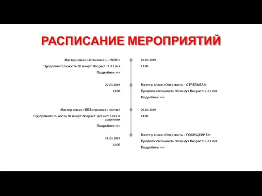 РАСПИСАНИЕ МЕРОПРИЯТИЙ Мастер-класс «Опасность – НОЖ!» Продолжительность 90 минут Возраст: 7 -17