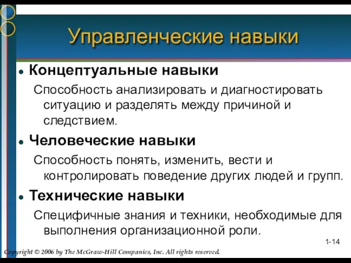 1- Управленческие навыки Концептуальные навыки Способность анализировать и диагностировать ситуацию и разделять