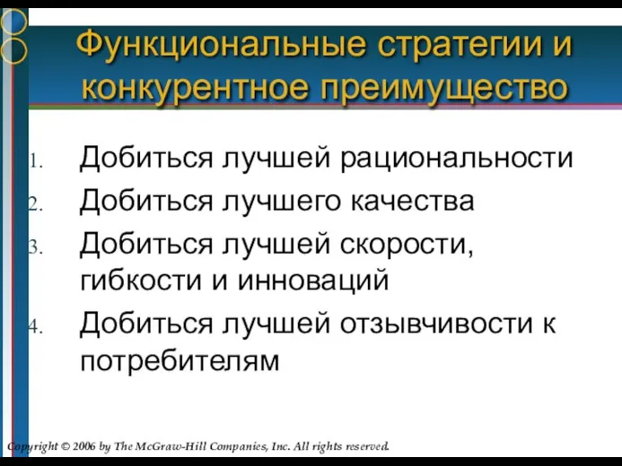 Функциональные стратегии и конкурентное преимущество Добиться лучшей рациональности Добиться лучшего качества Добиться