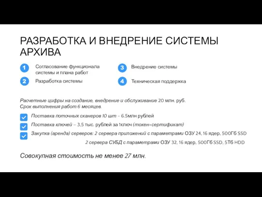 РАЗРАБОТКА И ВНЕДРЕНИЕ СИСТЕМЫ АРХИВА Расчетные цифры на создание, внедрение и обслуживание