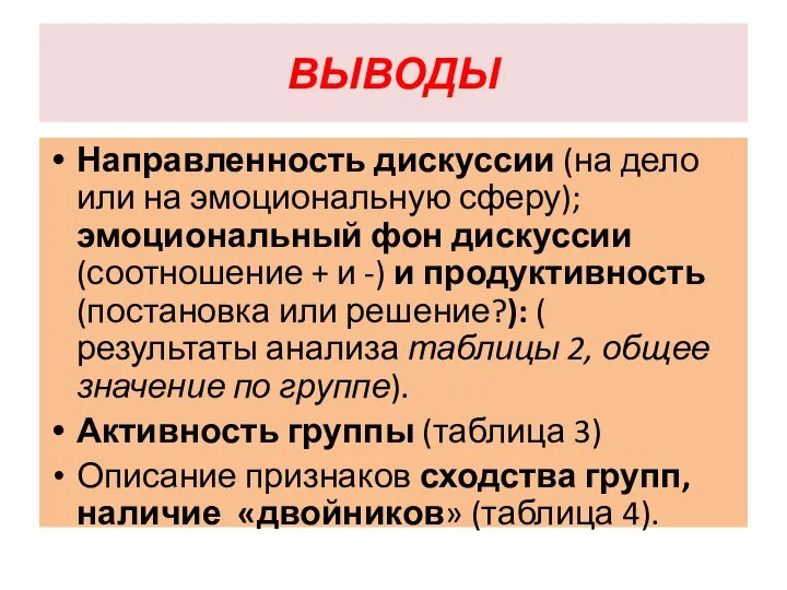 ВЫВОДЫ Направленность дискуссии (на дело или на эмоциональную сферу); эмоциональный фон дискуссии