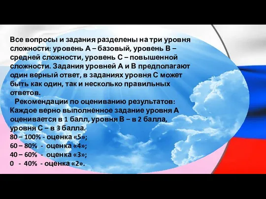 Все вопросы и задания разделены на три уровня сложности: уровень А –