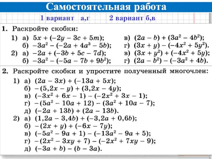 Самостоятельная работа Проверка полученных результатов. Коррекция 1 вариант а,г 2 вариант б,в