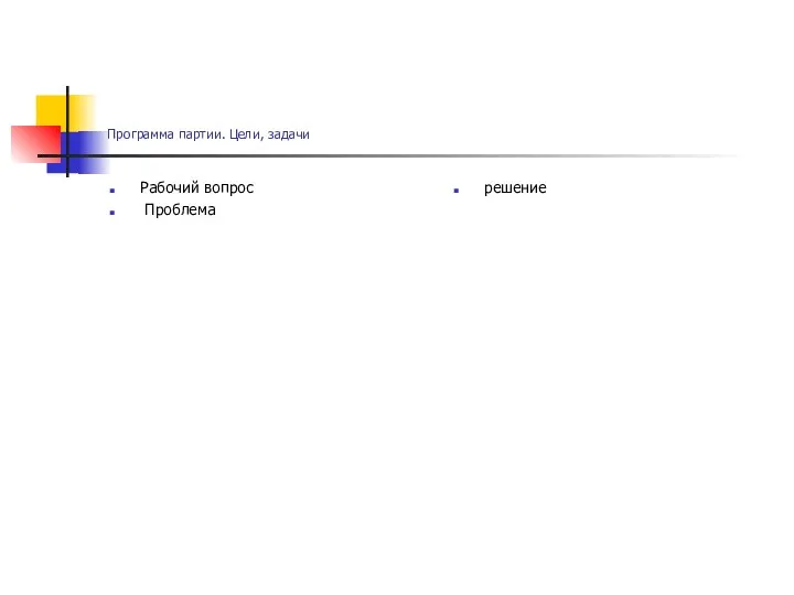 Программа партии. Цели, задачи Рабочий вопрос Проблема решение