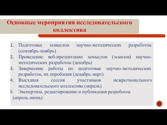 Подготовка замыслов научно-методических разработок (сентябрь-ноябрь) Проведение веб-презентации замыслов (эскизов) научно-методических разработок (декабрь)