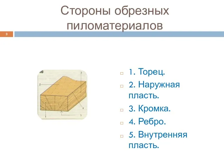 Стороны обрезных пиломатериалов 1. Торец. 2. Наружная пласть. 3. Кромка. 4. Ребро. 5. Внутренняя пласть.