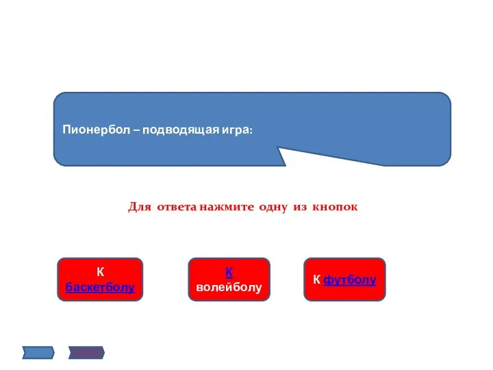 Пионербол – подводящая игра: К баскетболу К волейболу К футболу Для ответа нажмите одну из кнопок