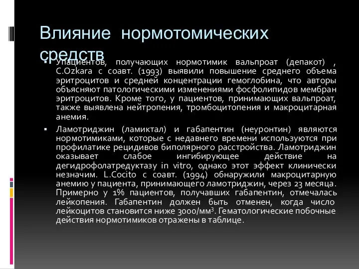 Влияние нормотомических средств Упациентов, получающих нормотимик вальпроат (депакот) , С.Ozkara с соавт.