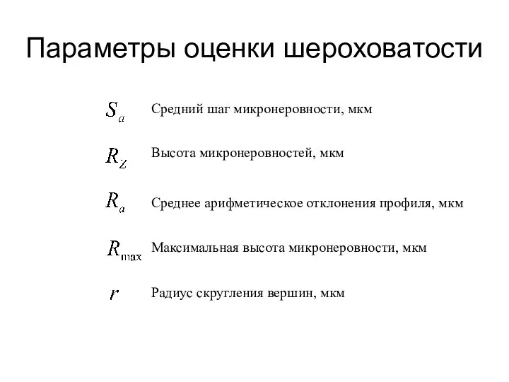 Средний шаг микронеровности, мкм Высота микронеровностей, мкм Среднее арифметическое отклонения профиля, мкм