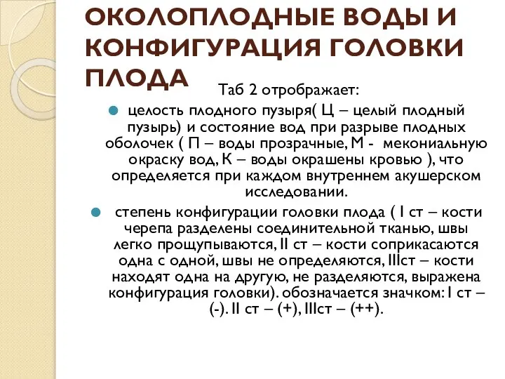 ОКОЛОПЛОДНЫЕ ВОДЫ И КОНФИГУРАЦИЯ ГОЛОВКИ ПЛОДА Таб 2 отрображает: целость плодного пузыря(