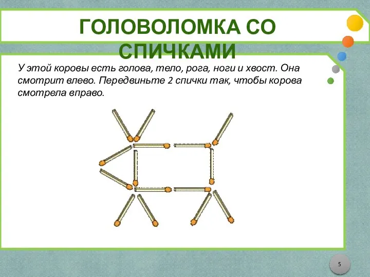 ГОЛОВОЛОМКА СО СПИЧКАМИ У этой коровы есть голова, тело, рога, ноги и