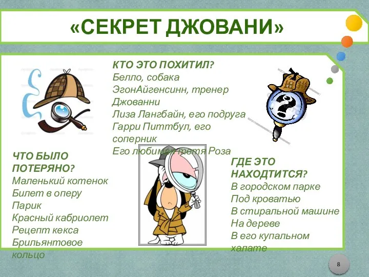 «СЕКРЕТ ДЖОВАНИ» ЧТО БЫЛО ПОТЕРЯНО? Маленький котенок Билет в оперу Парик Красный