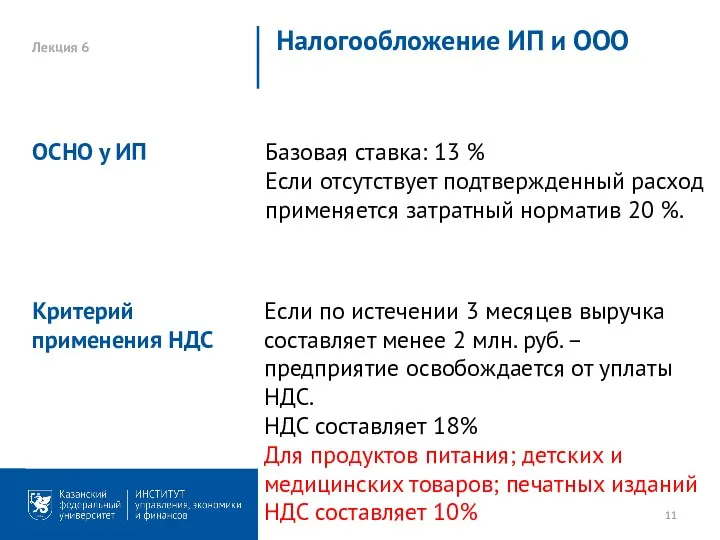 Лекция 6 Налогообложение ИП и ООО Базовая ставка: 13 % Если отсутствует