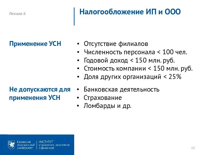 Лекция 6 Налогообложение ИП и ООО Отсутствие филиалов Численность персонала Годовой доход