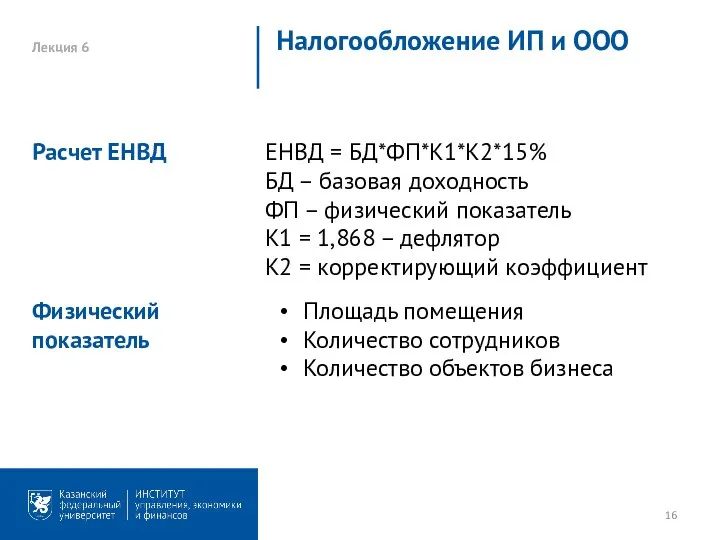 Лекция 6 Налогообложение ИП и ООО ЕНВД = БД*ФП*К1*К2*15% БД – базовая