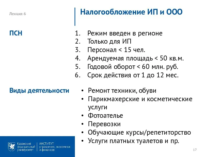 Лекция 6 Налогообложение ИП и ООО Режим введен в регионе Только для