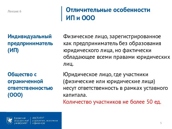 Лекция 6 Отличительные особенности ИП и ООО Физическое лицо, зарегистрированное как предприниматель