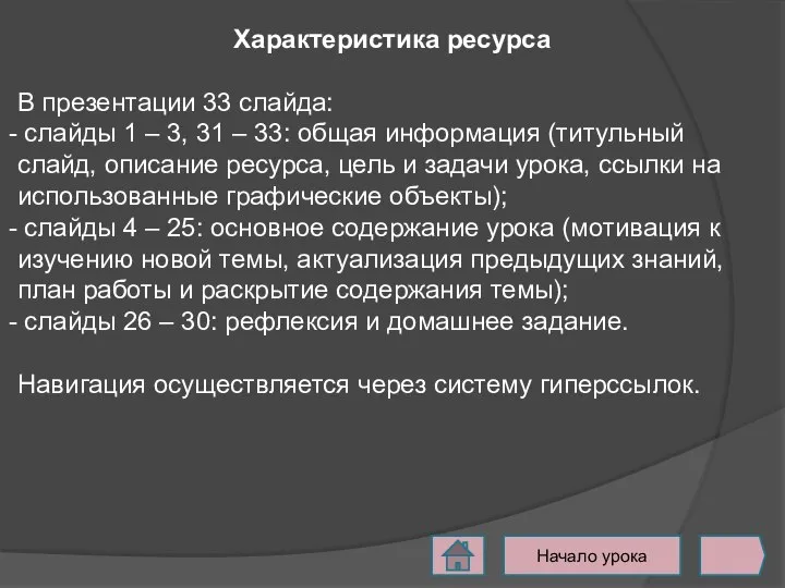 Начало урока Характеристика ресурса В презентации 33 слайда: слайды 1 – 3,