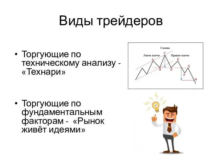 Виды трейдеров Торгующие по техническому анализу -«Технари» Торгующие по фундаментальным факторам - «Рынок живёт идеями»