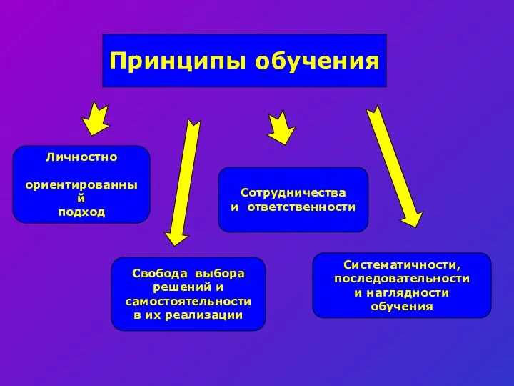 Принципы обучения Личностно ориентированный подход Свобода выбора решений и самостоятельности в их