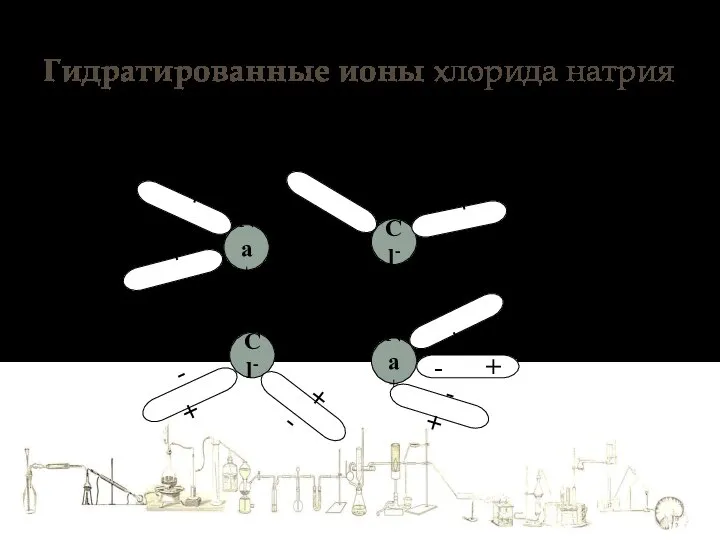 Гидратированные ионы хлорида натрия Na+ Cl- Cl- Na+ + - + -