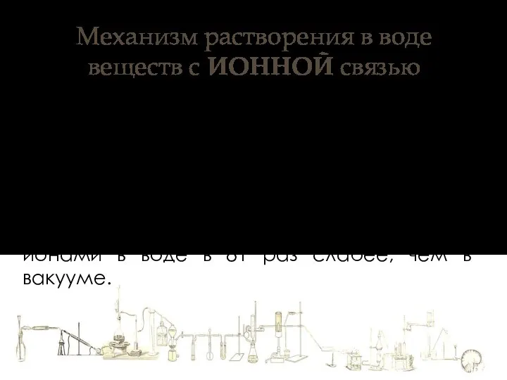 Механизм растворения в воде веществ с ИОННОЙ связью Процессу гидратации способствует большая