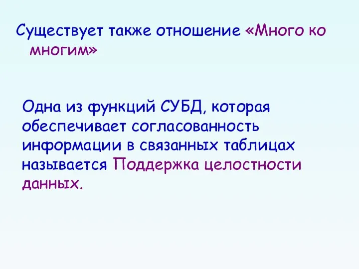 Существует также отношение «Много ко многим» Одна из функций СУБД, которая обеспечивает