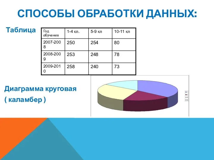 СПОСОБЫ ОБРАБОТКИ ДАННЫХ: Таблица Диаграмма круговая ( каламбер )