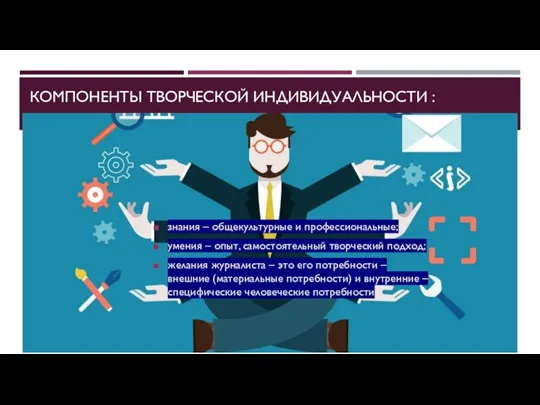 КОМПОНЕНТЫ ТВОРЧЕСКОЙ ИНДИВИДУАЛЬНОСТИ : знания – общекультурные и профессиональные; умения – опыт,