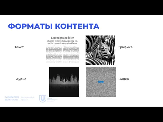 ФОРМАТЫ КОНТЕНТА Текст Аудио Графика Видео