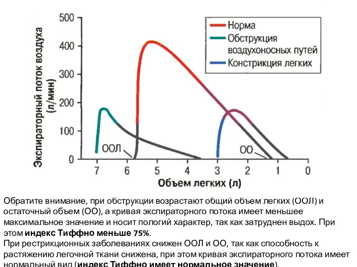 Обратите внимание, при обструкции возрастают общий объем легких (ООЛ) и остаточный объем