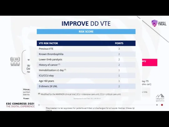 Design: Prospective, randomized, open-label, controlled, multi-center trial No anticoagulation Rivaroxaban (10 mg/day)