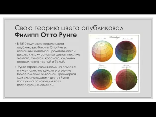 Свою теорию цвета опубликовал Филипп Отто Рунге В 1810 году свою теорию