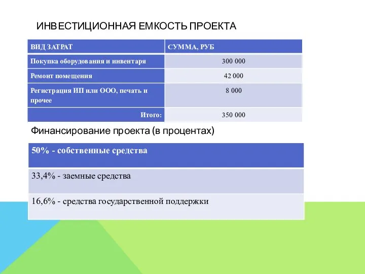 ИНВЕСТИЦИОННАЯ ЕМКОСТЬ ПРОЕКТА Финансирование проекта (в процентах)