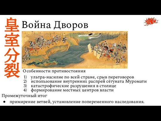 Война Дворов 皇 室 分 裂 Особенности противостояния ультра-насилие по всей стране,